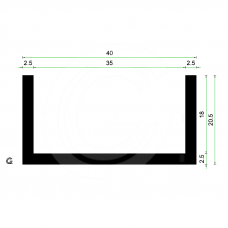 Rubber U Profiel| binnenmaat 35 mm | hoogte 20,5 mm | dikte 2,5 mm | Per Meter